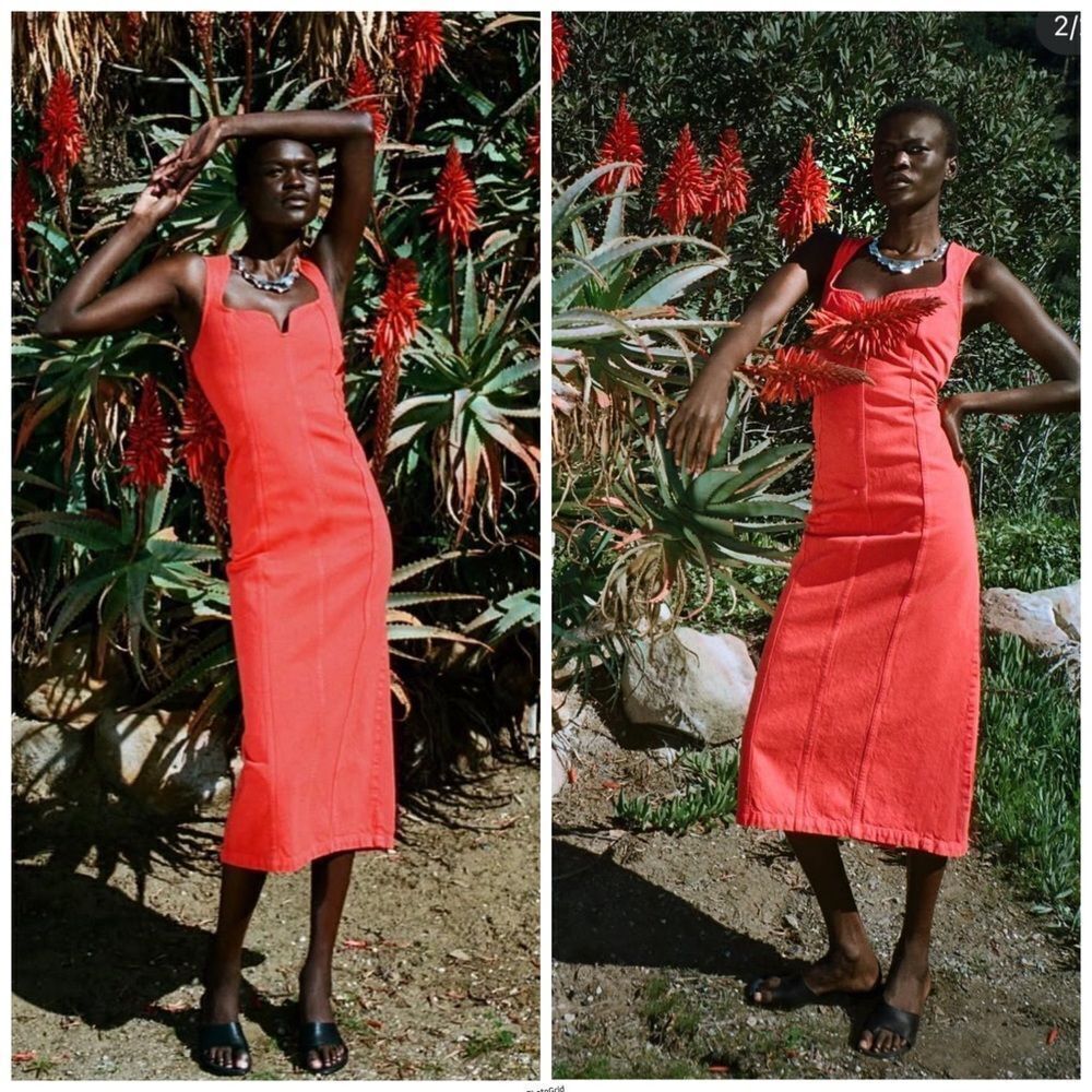 Revolve Mara Hoffman Poppy Orange Sleeveless Denim Midi Dress NWOT Size 2